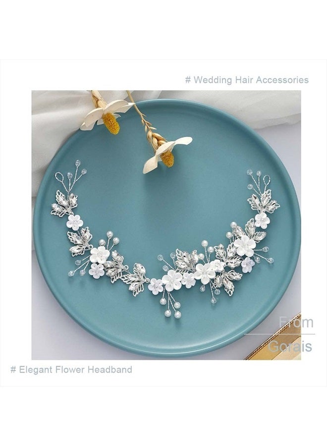 GORAIS Flower Bride Wedding Headband Silver Crystal Bridal Hair Accessories Pearl Leaf Hair Piece Hair Vine for Women and Girls (A-Silver) - Image 5