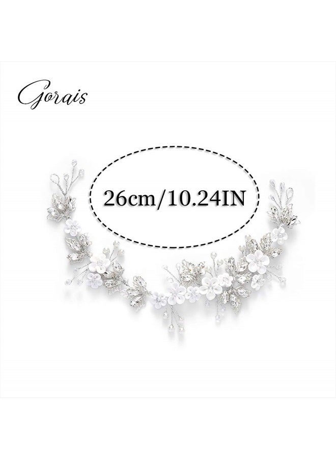 GORAIS Flower Bride Wedding Headband Silver Crystal Bridal Hair Accessories Pearl Leaf Hair Piece Hair Vine for Women and Girls (A-Silver) - Image 2