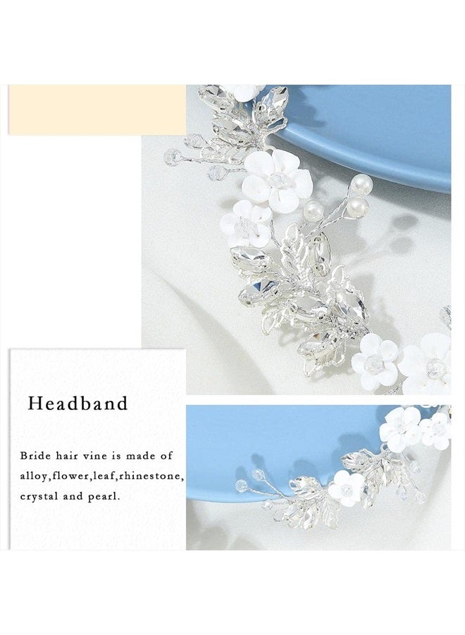 GORAIS Flower Bride Wedding Headband Silver Crystal Bridal Hair Accessories Pearl Leaf Hair Piece Hair Vine for Women and Girls (A-Silver) - Image 3