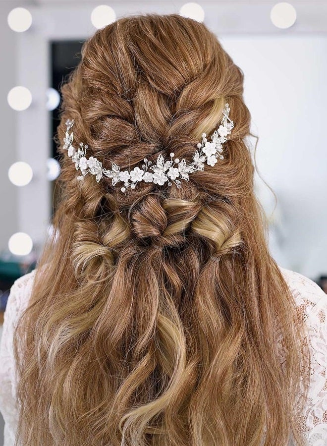 GORAIS Flower Bride Wedding Headband Silver Crystal Bridal Hair Accessories Pearl Leaf Hair Piece Hair Vine for Women and Girls (A-Silver) - Image 4