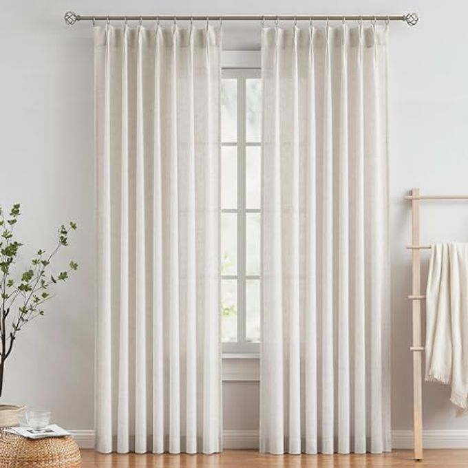 Vision Home Natural Pinch Pleated Semi Sheer Curtains Textured Linen Blended Light Filtering Window Curtains 102 inch for Living Room Bedroom Pinch Pleat Drapes with Hooks 2 Panels 42" Wx102 L - Image 1
