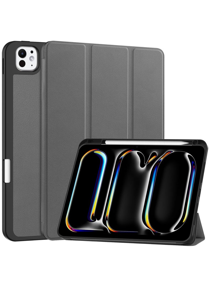 VKL Compatible with iPad Pro 13 Case (M4) 2024 with Pencil Holder [Supports Pencil/Pencil Pro], Leather + Soft TPU Back Cover with Smart Trifold Stand, Auto Wake/Sleep (Gray)