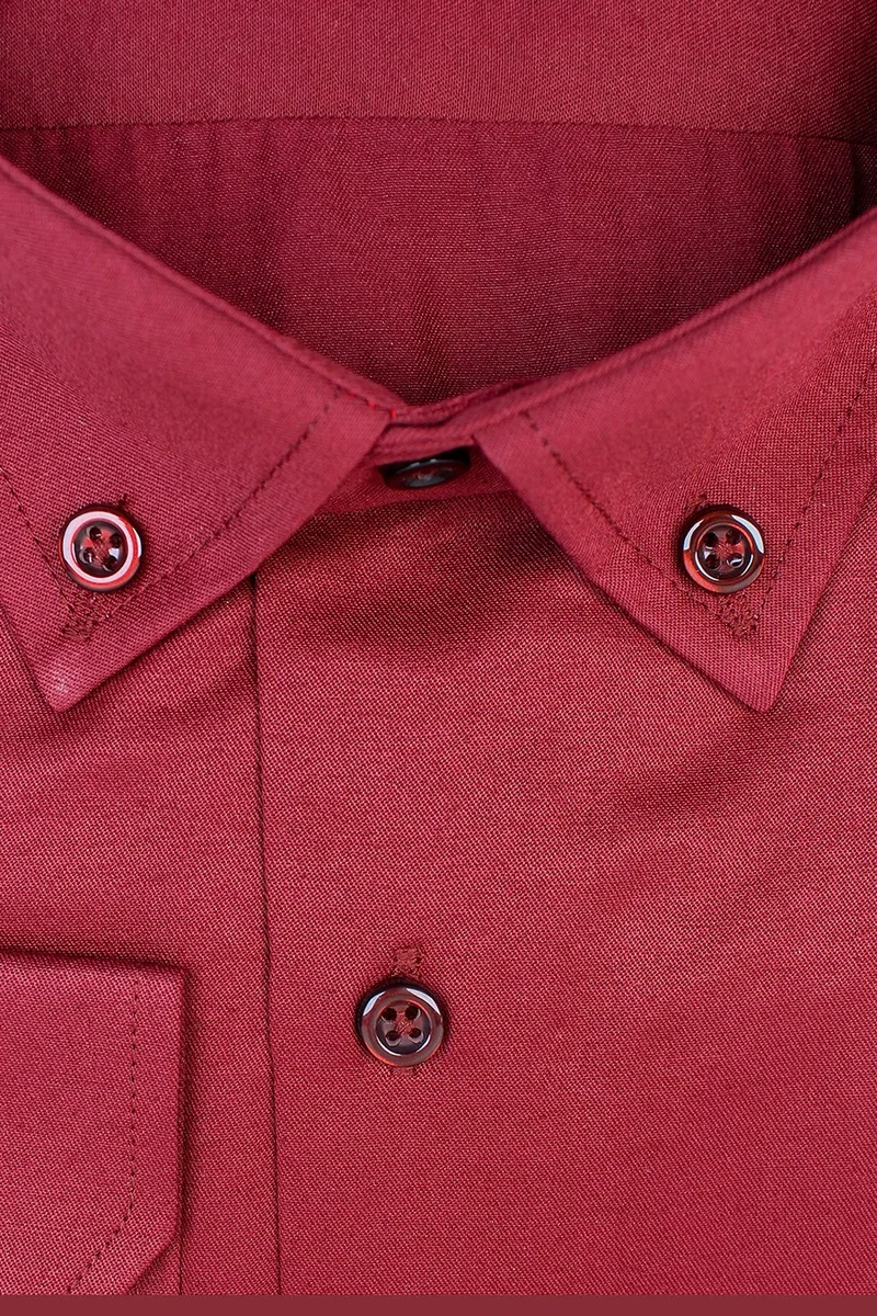 Varetta Men's Claret Red Plus Size Collar Buttoned Long Sleeve Plain Classic Men's Shirt
