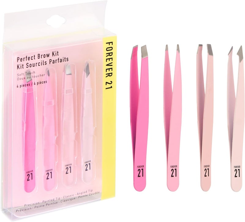 Forever 21 Perfect Brow Kit  4pk Soft Touch Tweezers Hair Removal Tweezers For Women Angled and Pointed Tweezer Set Precision Tweezers For Fine Ingrown Hair  Everyday Grooming