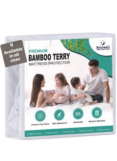 Restwell Premium Bedding 100% Waterproof Mattress Protector Restwell , King Size (180*200 cm) Viscose Made from Bamboo Mattress Cover, Breathable, Fitted Style, available in different sizes (White)  - Image 1