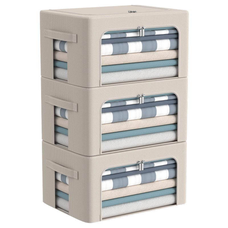 3Pack Frame Storage Box  Clothes Storage Bin Bags Oxford Fabric Foldable Stackable Container Organizer Set with Clear Window  Carry Handles Large Capacity Beige Small22L