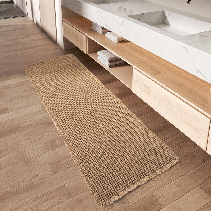 AMOAMI Upgraded Waffle Runner Rug, Super Absorbent Non Slip Bath Mats for Bathroom Floor, Machine Washable Bathroom Runner Rug with Tassels, Ideal for Hallway Bedroom Laundry Room, Brown, 2'x 5'(24" x 60") - Image 1