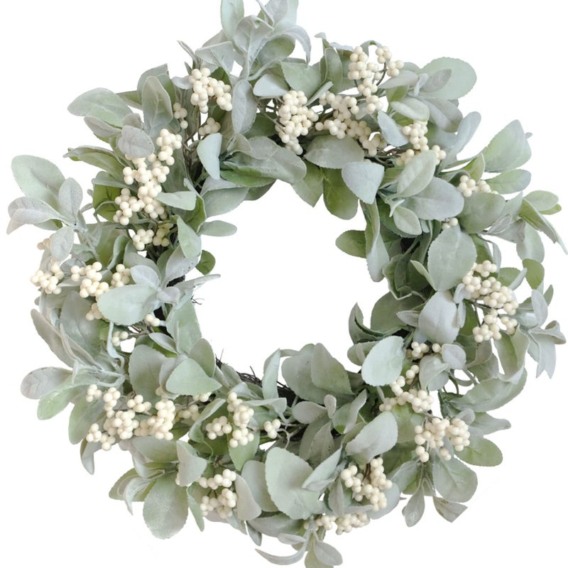Bibelot Bibelot 18 Inch Lambs Ear Wreath Spring and Everyday Lambs Leaves White Berries Wreath for Front Door Everyday Grapevine Greenery Wreath for Indoor and Outdoor Spring Berries Leaves Wreath 