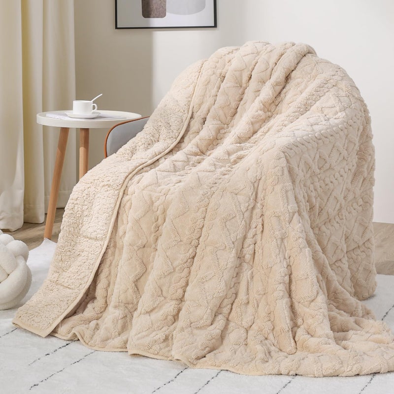 Drewin 20lbs Weighted Blanket for Adults, Dual Sided Cozy Soft Fleece Bed Blanket for Winter, 3D Jacquard Cable Pattern Warm Weighted Blankets with Ceramic Beads, Beige, 60 x 80 inches - Image 1