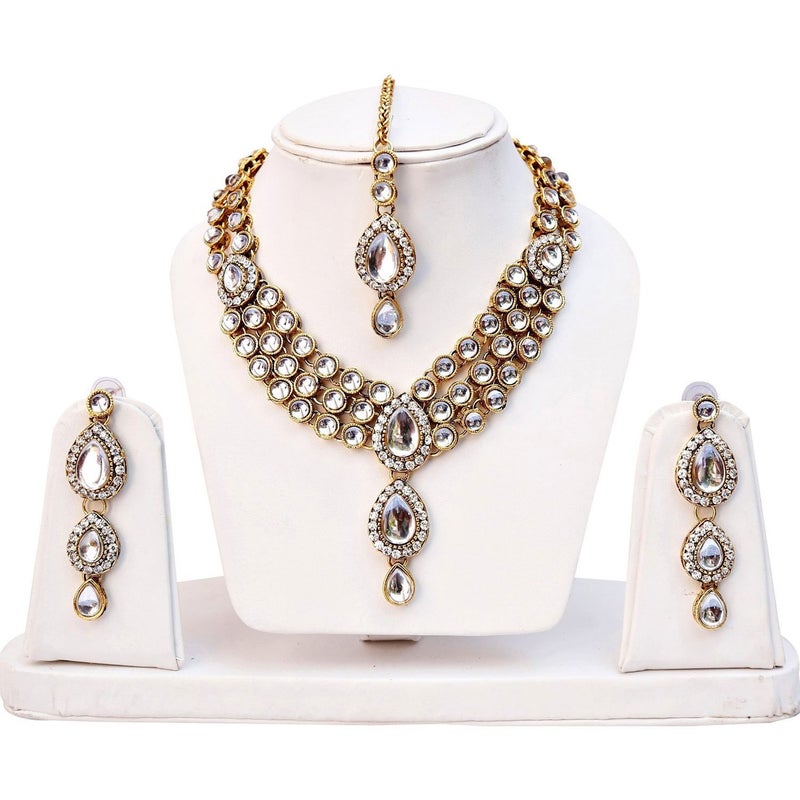 Shining Diva Latest Stylish 18k Gold Plated Traditional Kundan Necklace Jewellery Set for Women - Image 2