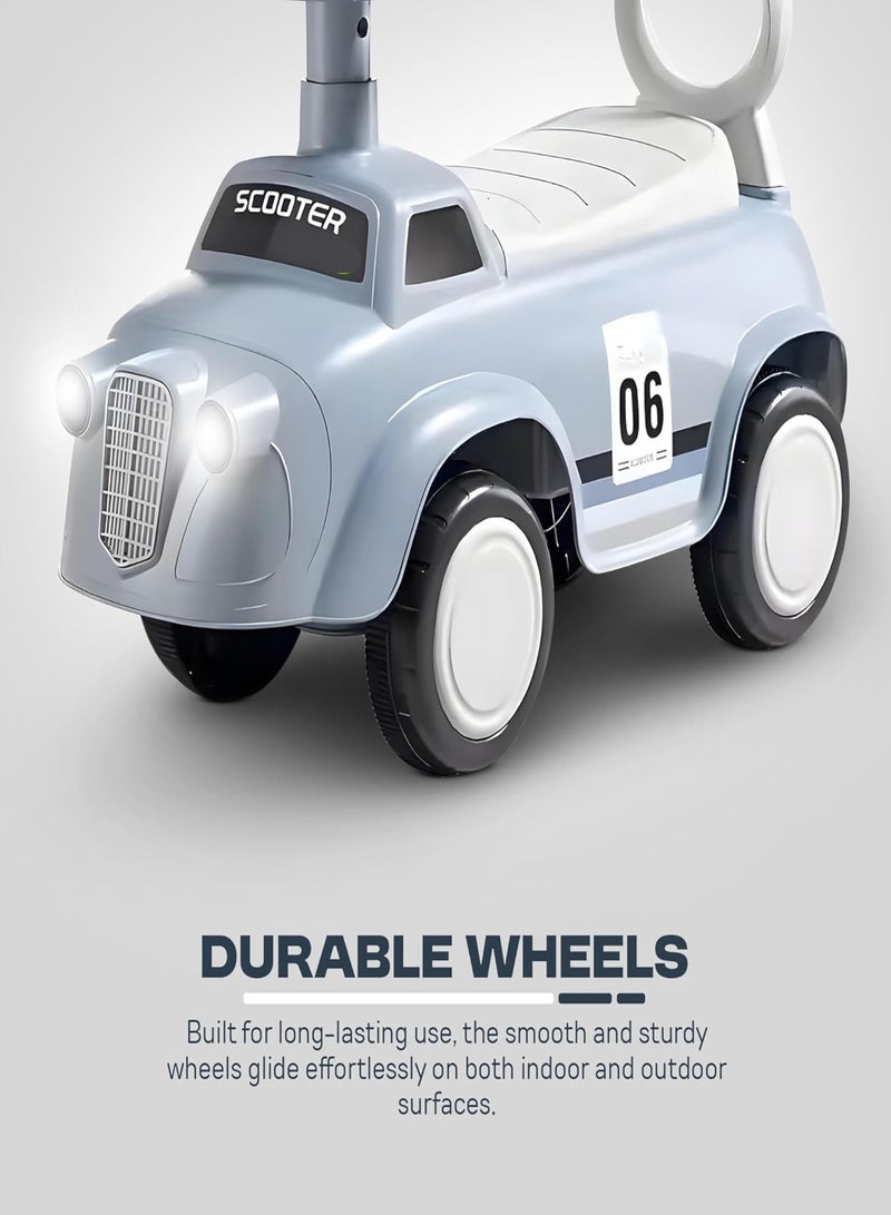 متجر 7 سيارة ركوب أطفال بشكل كلاسيكي – سكوتر توازن بأربع عجلات صامتة ومقعد مريح – تصميم آمن مع مقود قابل للدوران ومساند خلفية للحماية – مثالية للتسلية وتعلم القيادة - Image 4