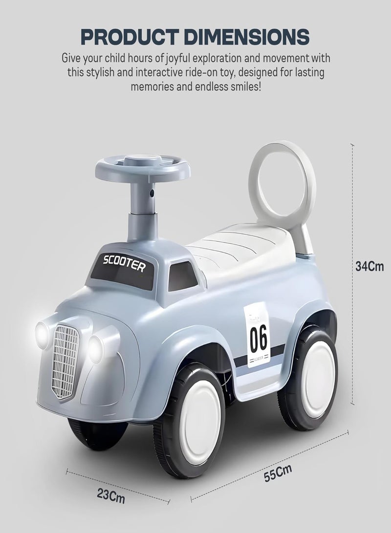 متجر 7 سيارة ركوب أطفال بشكل كلاسيكي – سكوتر توازن بأربع عجلات صامتة ومقعد مريح – تصميم آمن مع مقود قابل للدوران ومساند خلفية للحماية – مثالية للتسلية وتعلم القيادة - Image 2