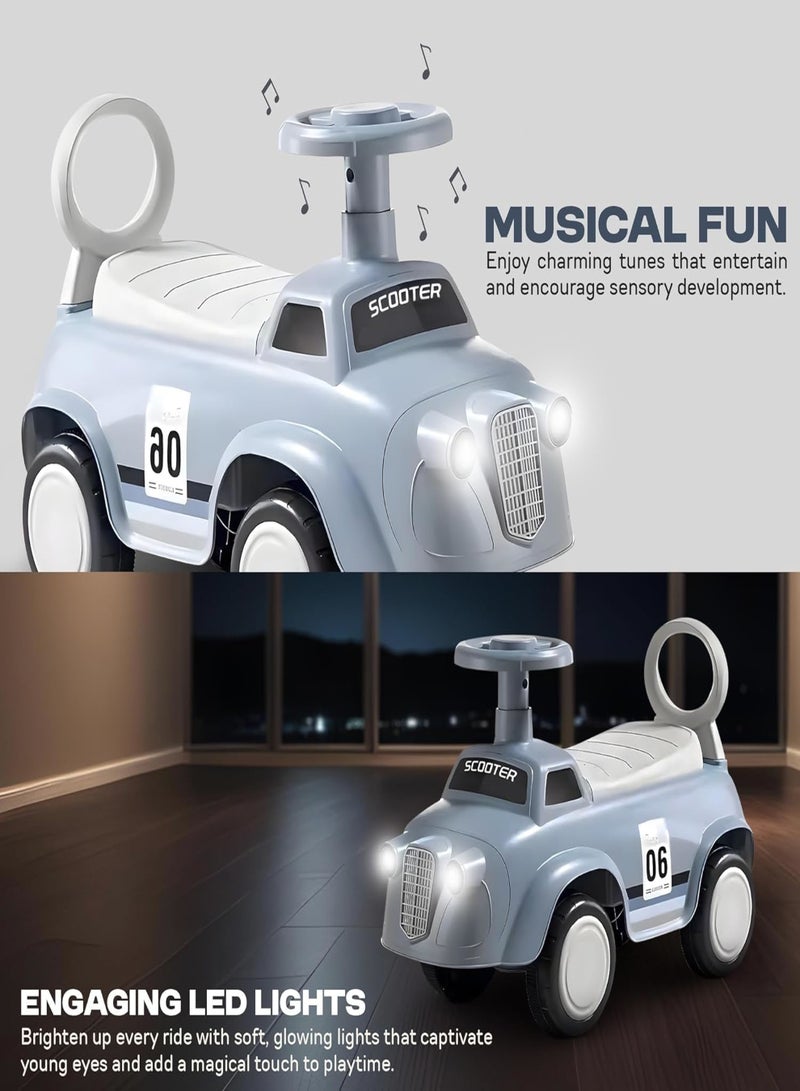 متجر 7 سيارة ركوب أطفال بشكل كلاسيكي – سكوتر توازن بأربع عجلات صامتة ومقعد مريح – تصميم آمن مع مقود قابل للدوران ومساند خلفية للحماية – مثالية للتسلية وتعلم القيادة - Image 5