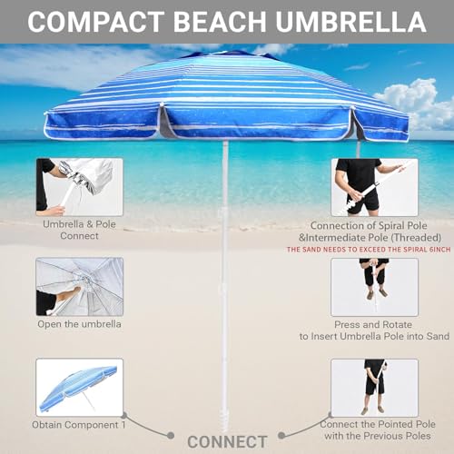 LOTTAFUN 6ft Beach Umbrella Heavy Duty Wind Resistant UV 50 Portable Sun Shade with Sand Anchor Carry Bag Outdoor Folding Umbrella for Beach Pool Patio Garden Blue Stripe No Tilt The sand needs to exceed the spiral 6inch - Image 3