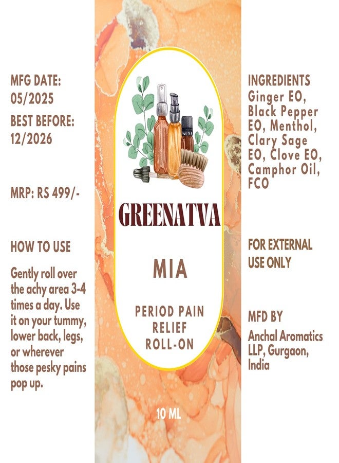 Greenatva Mia by Greenatva - Period Pain And Cramp Relief Roll On | Instant Menstrual Cramp Relief, Helps Sleep, Smells Amazing | 100% Essential Oils based | Clary Sage, Clove, Ginger | 10ml per bottle | Lasts More Than 10 Menstrual Cycles - Image 3