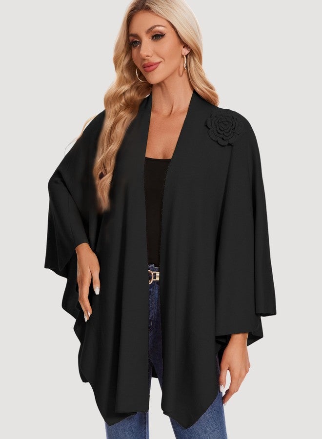 بولي شال نسائي أنيق من PULI بتصميم متقاطع من الأمام، مزين بنقوش زهرية، ناعم، دافئ، مناسب للسفر، أسود - Image 2