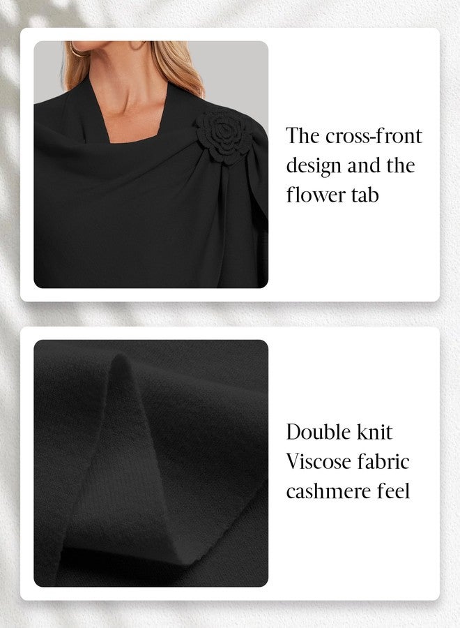بولي شال نسائي أنيق من PULI بتصميم متقاطع من الأمام، مزين بنقوش زهرية، ناعم، دافئ، مناسب للسفر، أسود - Image 4