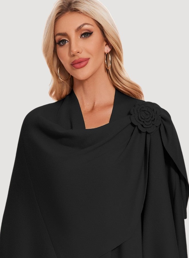 بولي شال نسائي أنيق من PULI بتصميم متقاطع من الأمام، مزين بنقوش زهرية، ناعم، دافئ، مناسب للسفر، أسود - Image 3