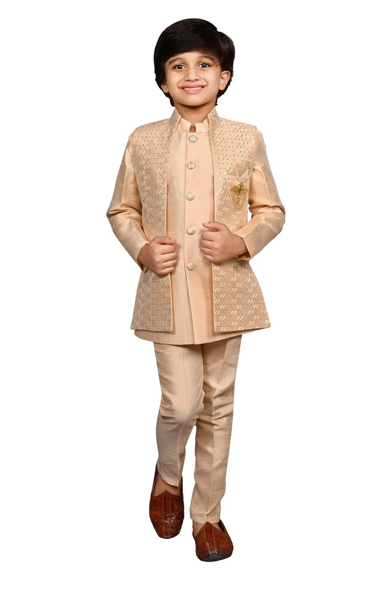 AHHAAAA Ahaaaa Kids Ethnic Silk Blend Bollywood Style Sherwani Waistcoat Kurta and Pyjama Set for Boys 526MF |Gold 2-3 Years, 526| - Image 2