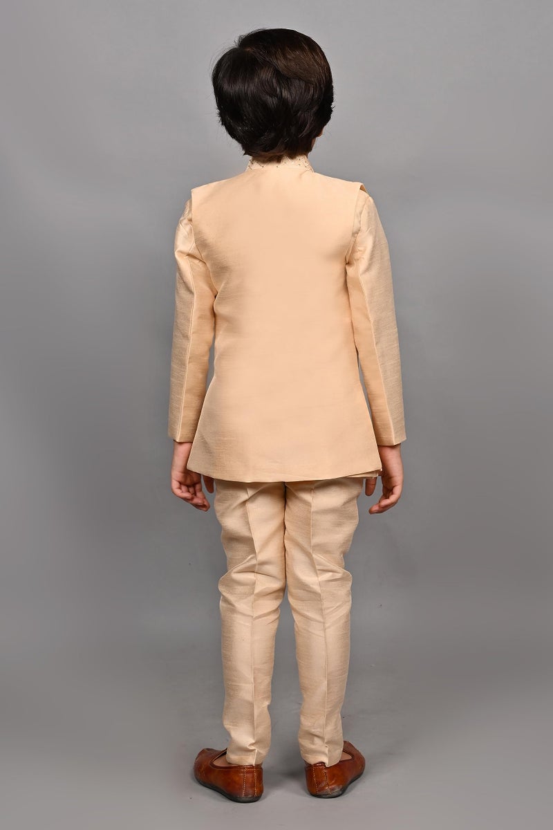 AHHAAAA Ahaaaa Kids Ethnic Silk Blend Bollywood Style Sherwani Waistcoat Kurta and Pyjama Set for Boys 526MF |Gold 2-3 Years, 526| - Image 4