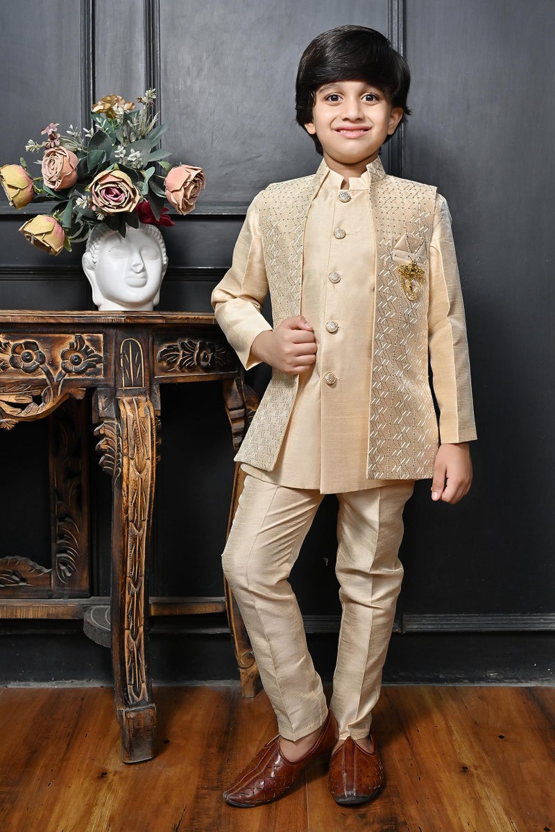 AHHAAAA Ahaaaa Kids Ethnic Silk Blend Bollywood Style Sherwani Waistcoat Kurta and Pyjama Set for Boys 526MF |Gold 2-3 Years, 526| - Image 3