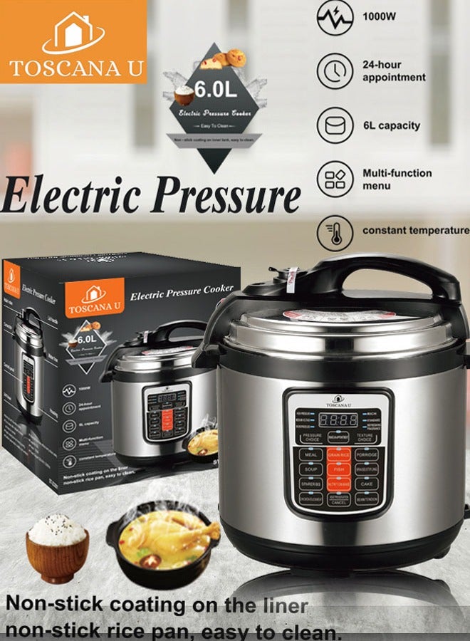 توسكانا يو قدر و طنجرة ضغط كهربائية سعة 6 لتر، 12 وظيفة، 1000 واط، أسود/رمادي - Image 3
