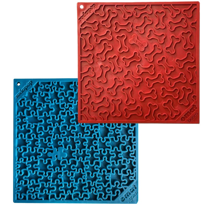 SodaPup Red Bones & Blue Jigsaw eMat Bundle â€“ Durable Lick Mat Feeder Made in USA from Non-Toxic, Pet-Safe, Food Safe Rubber for Avoiding Overfeeding, Digestive Health, Calming, & More - Image 1