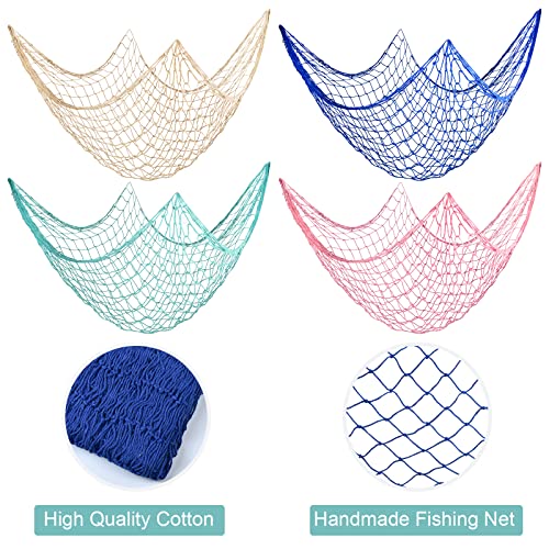 Mototo 4 Pieces Natural Fish Net Decoration 80 x 40 Wall Hanging Cotton Fishnet Decor for Underwater Mermaid Pirate Hawaiian Nautical Ocean Theme Beach Bash Party Decoration Beige Blue Green Pink - Image 3