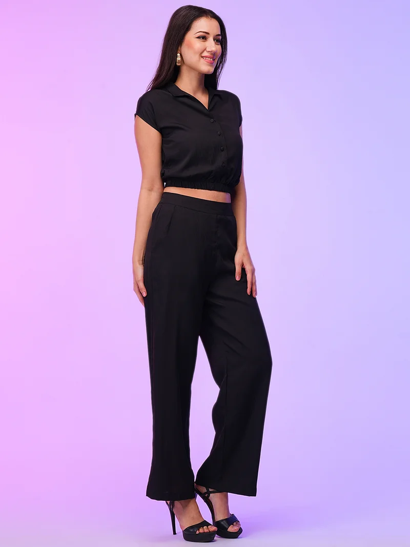 globus Globus Women Self Design Summer Shirt Style Crop Top & Wide Leg Trousers Co-Ord Set