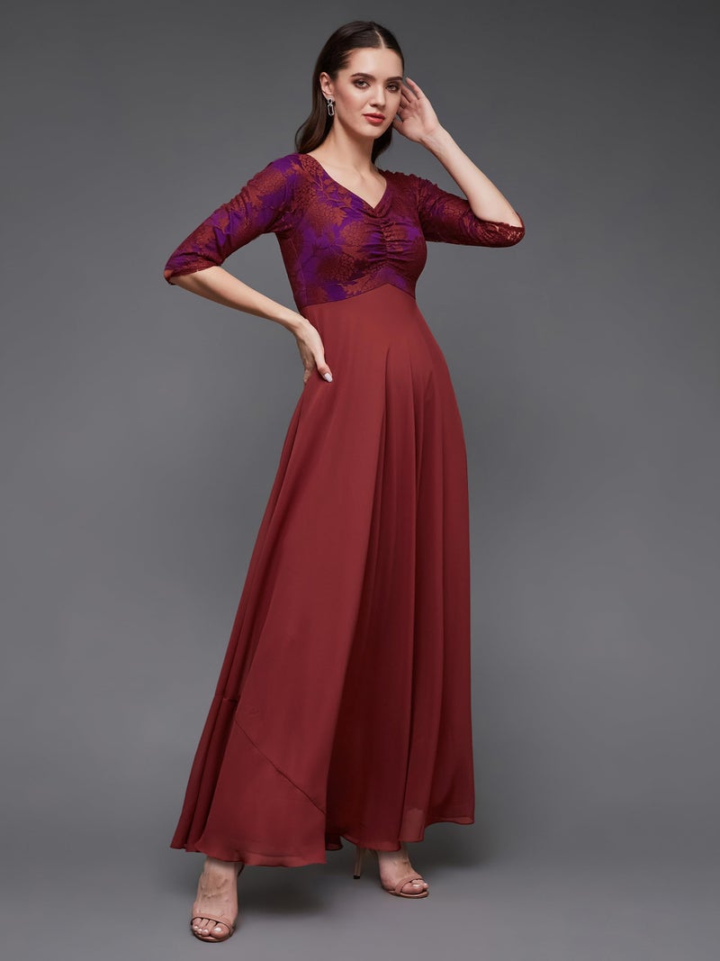 Miss Chase Women's Sweet-Heart Neck 3/4 Sleeve Self Design Fit & Flare Maxi Dress with Pockets (MCSS23D79-06-149-04, Brick Red, M) - Image 3