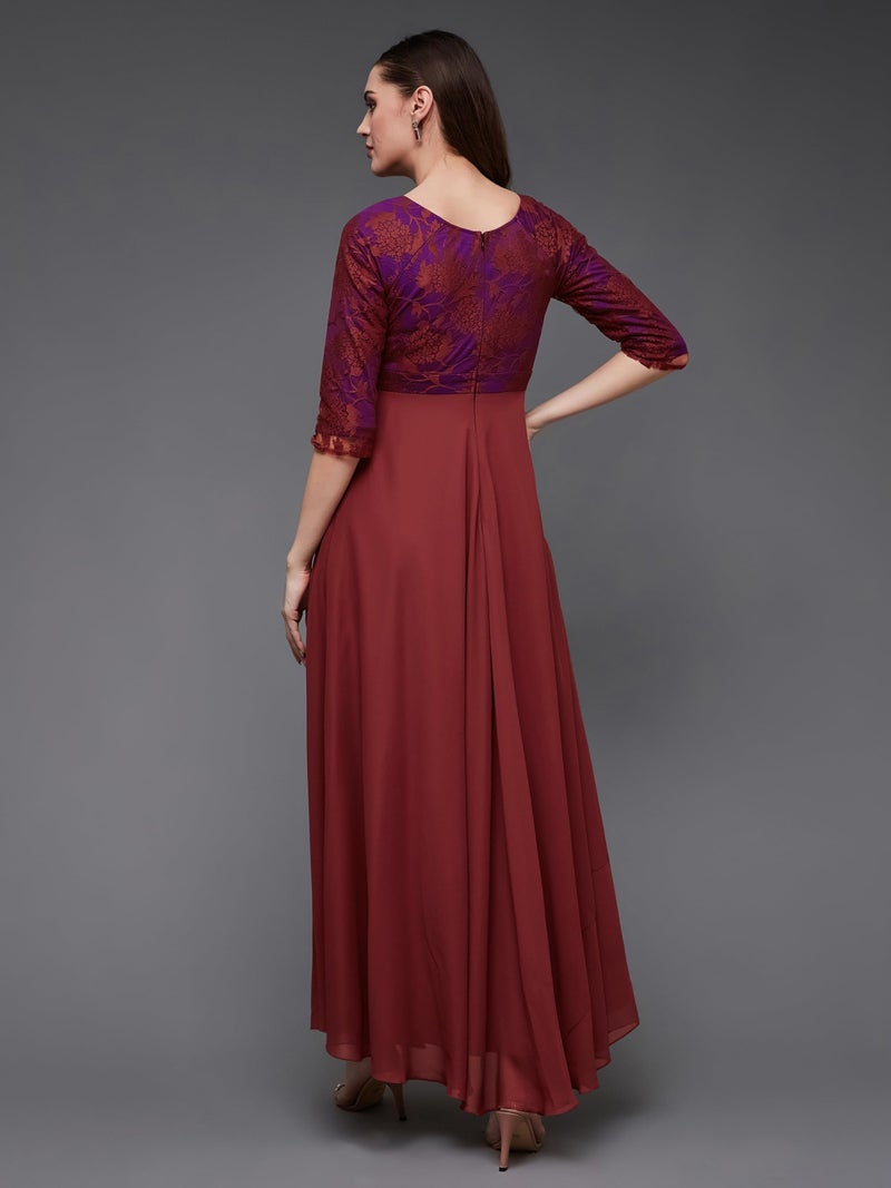 Miss Chase Women's Sweet-Heart Neck 3/4 Sleeve Self Design Fit & Flare Maxi Dress with Pockets (MCSS23D79-06-149-04, Brick Red, M) - Image 4