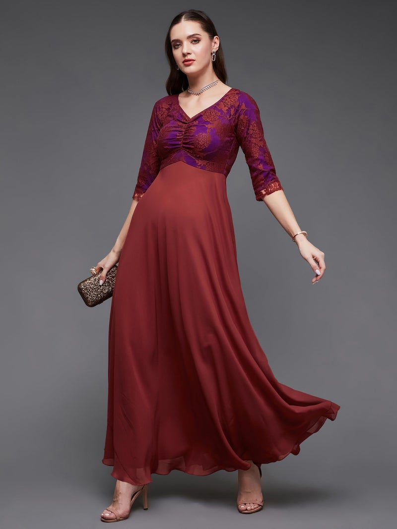 Miss Chase Women's Sweet-Heart Neck 3/4 Sleeve Self Design Fit & Flare Maxi Dress with Pockets (MCSS23D79-06-149-04, Brick Red, M) - Image 2