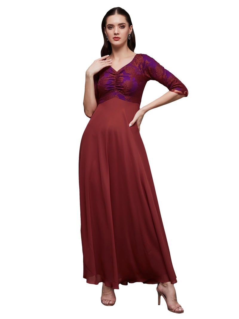 Miss Chase Women's Sweet-Heart Neck 3/4 Sleeve Self Design Fit & Flare Maxi Dress with Pockets (MCSS23D79-06-149-04, Brick Red, M) - Image 1