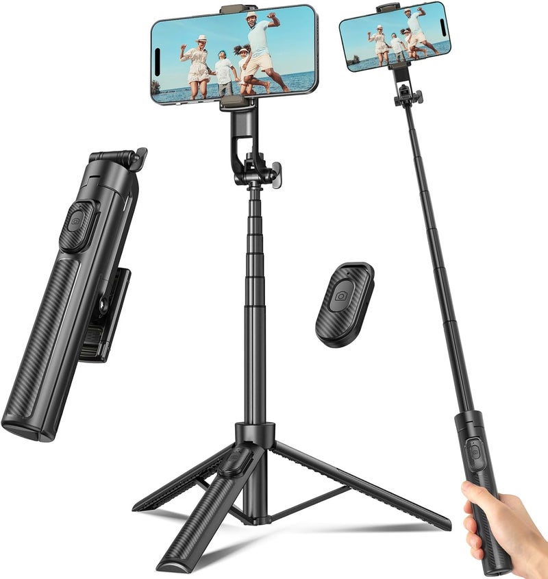 Liphisy Global upgraded practical design Selfie Stick Travel Tripod for Cell Phone with Remote Control and Phone Holder, Extendable Selfie Stick for iPhone, iPhone Tripod for Video Recording, 50 Inch, Black Flat working surface - Image 1