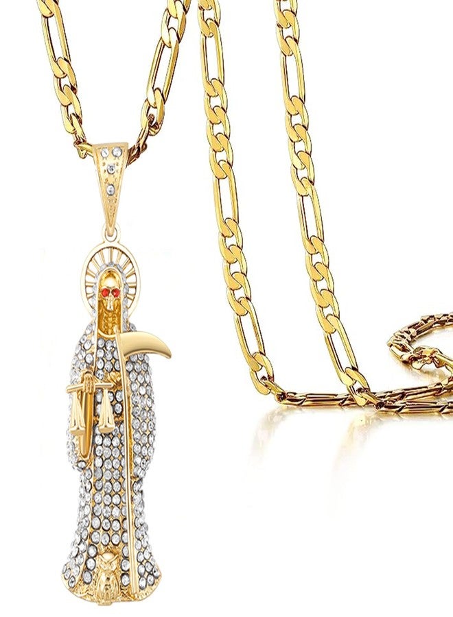 GXLYFG Santa Muerte Necklace Diamond 14K Gold Plated Santa Muerte Pendant Jewelry With Sickle Holiday Gift (Gold 283) - Image 1