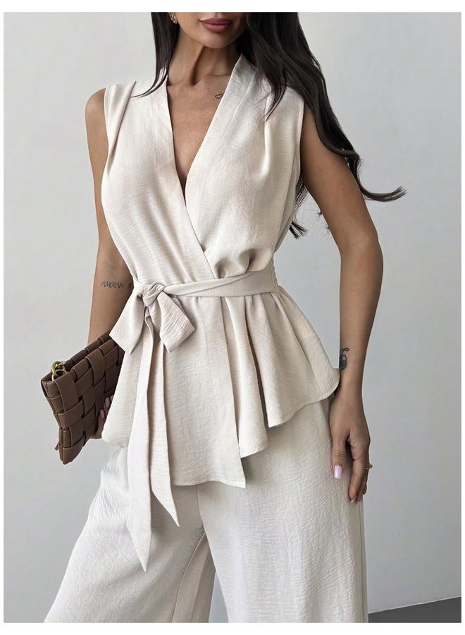 Verdusa Women's 2 Piece Old Money Clothes Tie Waist Wrap Vest with Dress Pants Clothing Sets, Apricot, M - Image 4