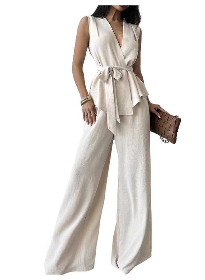 Verdusa Women's 2 Piece Old Money Clothes Tie Waist Wrap Vest with Dress Pants Clothing Sets, Apricot, M - Image 1