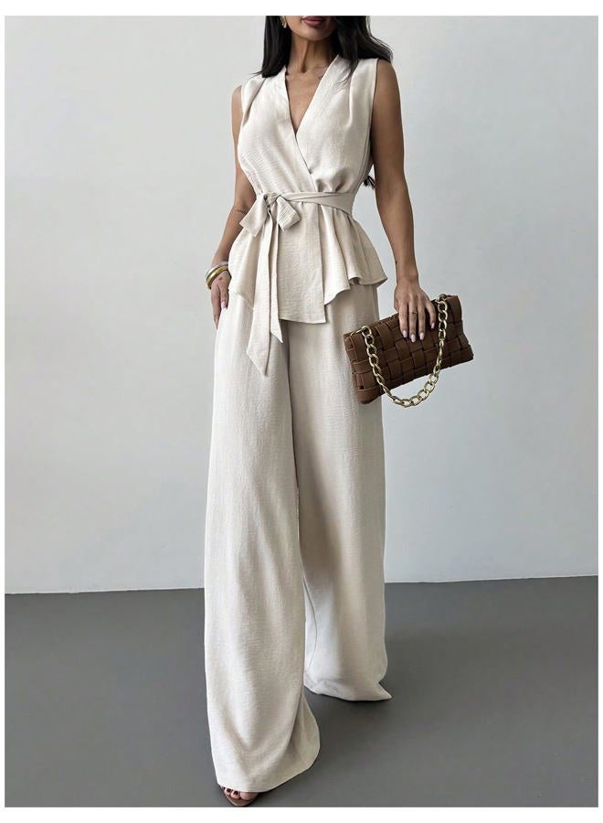 Verdusa Women's 2 Piece Old Money Clothes Tie Waist Wrap Vest with Dress Pants Clothing Sets, Apricot, M - Image 5