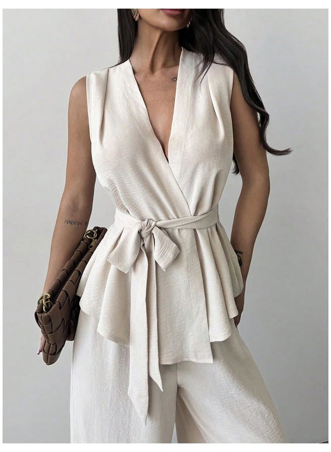 Verdusa Women's 2 Piece Old Money Clothes Tie Waist Wrap Vest with Dress Pants Clothing Sets, Apricot, M - Image 3