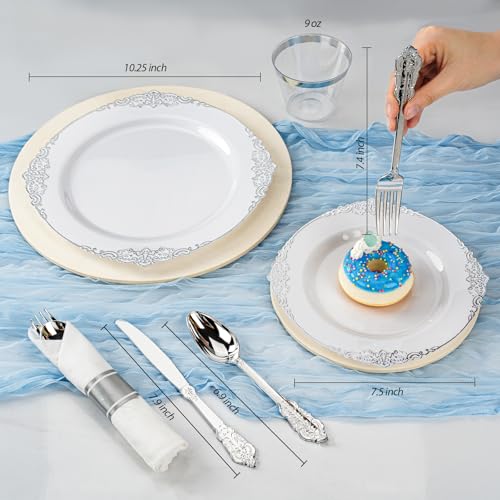 Bestluck 350PCS Silver Plastic Plates for 50 Guests Disposable Dinnerware Sets Include 100 Silver Rim Plastic Plates 50 Silverware 50 Pre Rolled Napkins for Party Wedding Decor - Image 5