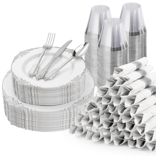 Bestluck 350PCS Silver Plastic Plates for 50 Guests Disposable Dinnerware Sets Include 100 Silver Rim Plastic Plates 50 Silverware 50 Pre Rolled Napkins for Party Wedding Decor - Image 2