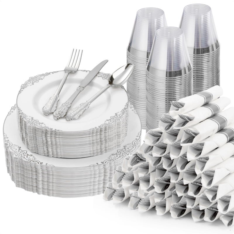 Bestluck 350PCS Silver Plastic Plates for 50 Guests Disposable Dinnerware Sets Include 100 Silver Rim Plastic Plates 50 Silverware 50 Pre Rolled Napkins for Party Wedding Decor - Image 3