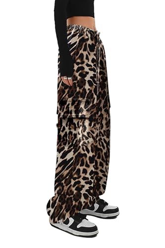 SESERAGI Cargo Pants Women Baggy Streetwear Y2K Drawstring Trousers Wide Leg Pants Cheetah Leopard Print Brown M - Image 3