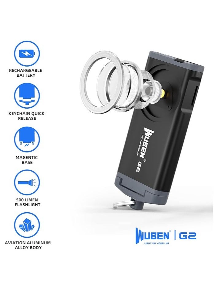 WUBEN - WUBEN G2 Mini Flashlight Keychain, Torch 500 Lumens Rechargeable Pocket 5 Modes Small Led EDC Keychain Brightest Flashlight Magnetic Hat Clip for Travel,Walking,Searching,Hiking,Emergency - Image 1