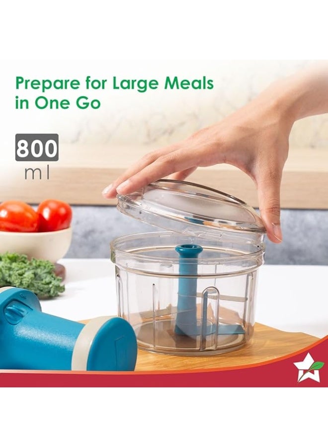 Wonderchef Glory Push Chopper – 800ml Vegetable & Fruit Chopper with 3 Stainless Steel Blades, Anti-Slip Base, Easy-Pull Handle – Compact Manual Food Processor with 1-Year Warranty