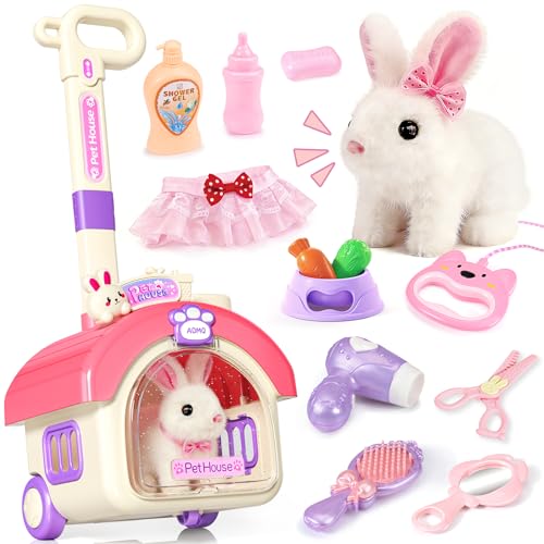 STACTCUTE 23Pcs Hopping Bunny Toy Set for Kids Easter Interactive Electric Walking Rabbit with Rolling Carrier House Pretend Play Pet Care Grooming Feeding Kit Stuffed Animal Gift for Toddlers 35 - Image 1