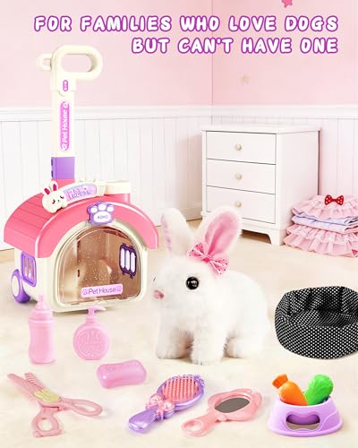 STACTCUTE 23Pcs Hopping Bunny Toy Set for Kids Easter Interactive Electric Walking Rabbit with Rolling Carrier House Pretend Play Pet Care Grooming Feeding Kit Stuffed Animal Gift for Toddlers 35 - Image 5