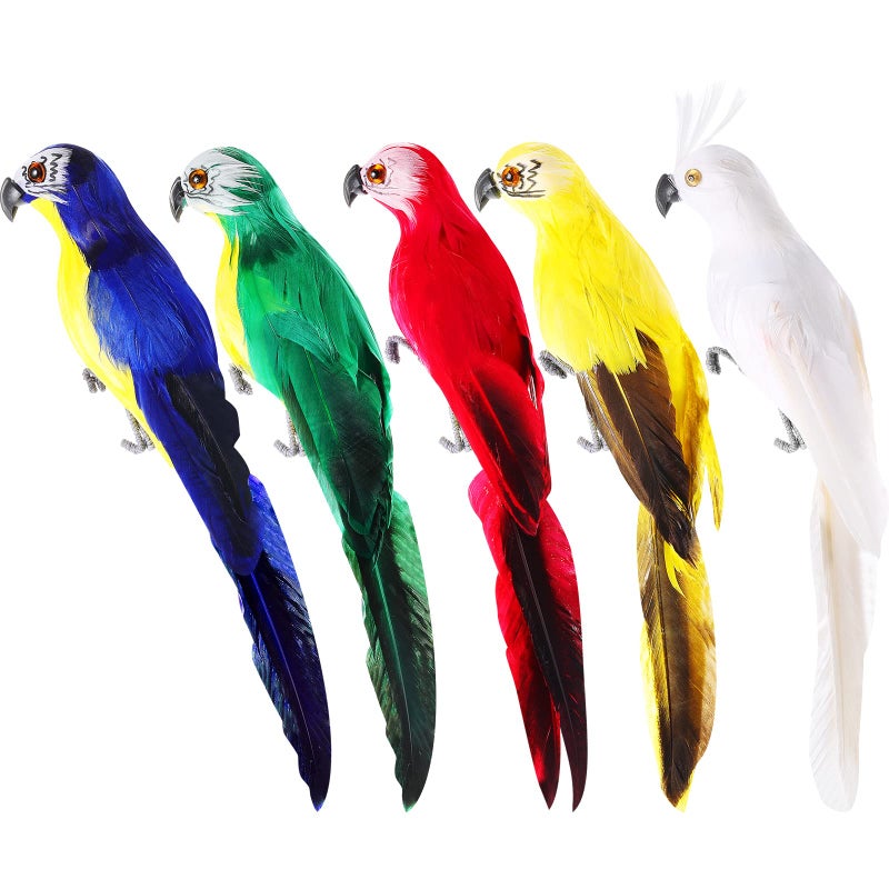 Threan 5 Pieces Artificial Birds Fake Birds Christmas Halloween Pirate Parrot Feathered Figure Decor for Craft Jungle Garden Home Ornament Decoration Assorted ColorsParrot