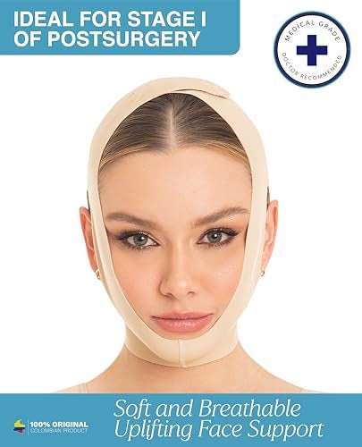 MD M&D Face Slimming Chin Strap Lipo Compression Garment Mentonera Postquirúrgica Facial Beige M - Image 2
