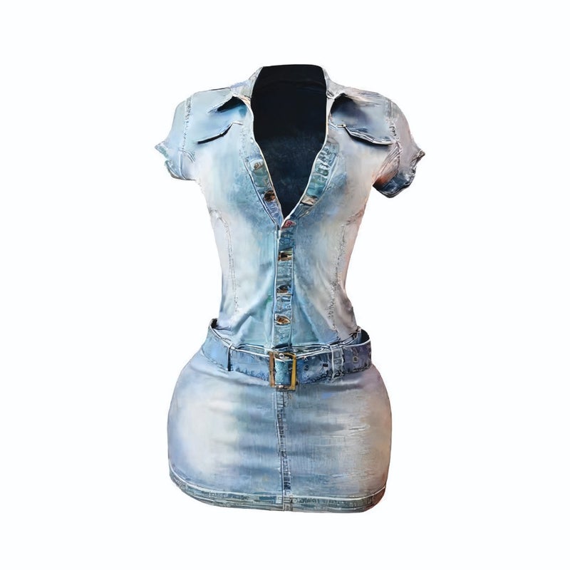 Denim Short Sleeve Bodycon Dress Stretchy Casual Midi Dress - Image 3